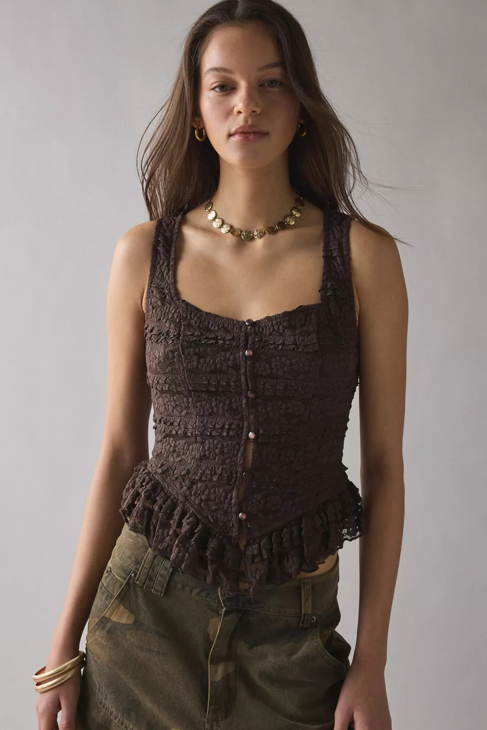 Kimchi Blue Amara Ruffle Lace Button-Front Tank Top | Urban Outfitters (US and RoW)
