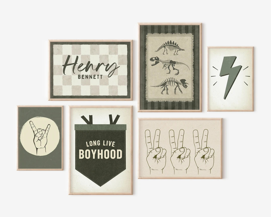 Boys Gallery Wall Art Set of 6 Pennant Flag Banner Dinosaur Lightning Bolt Checkerboard Long Live... | Etsy (US)