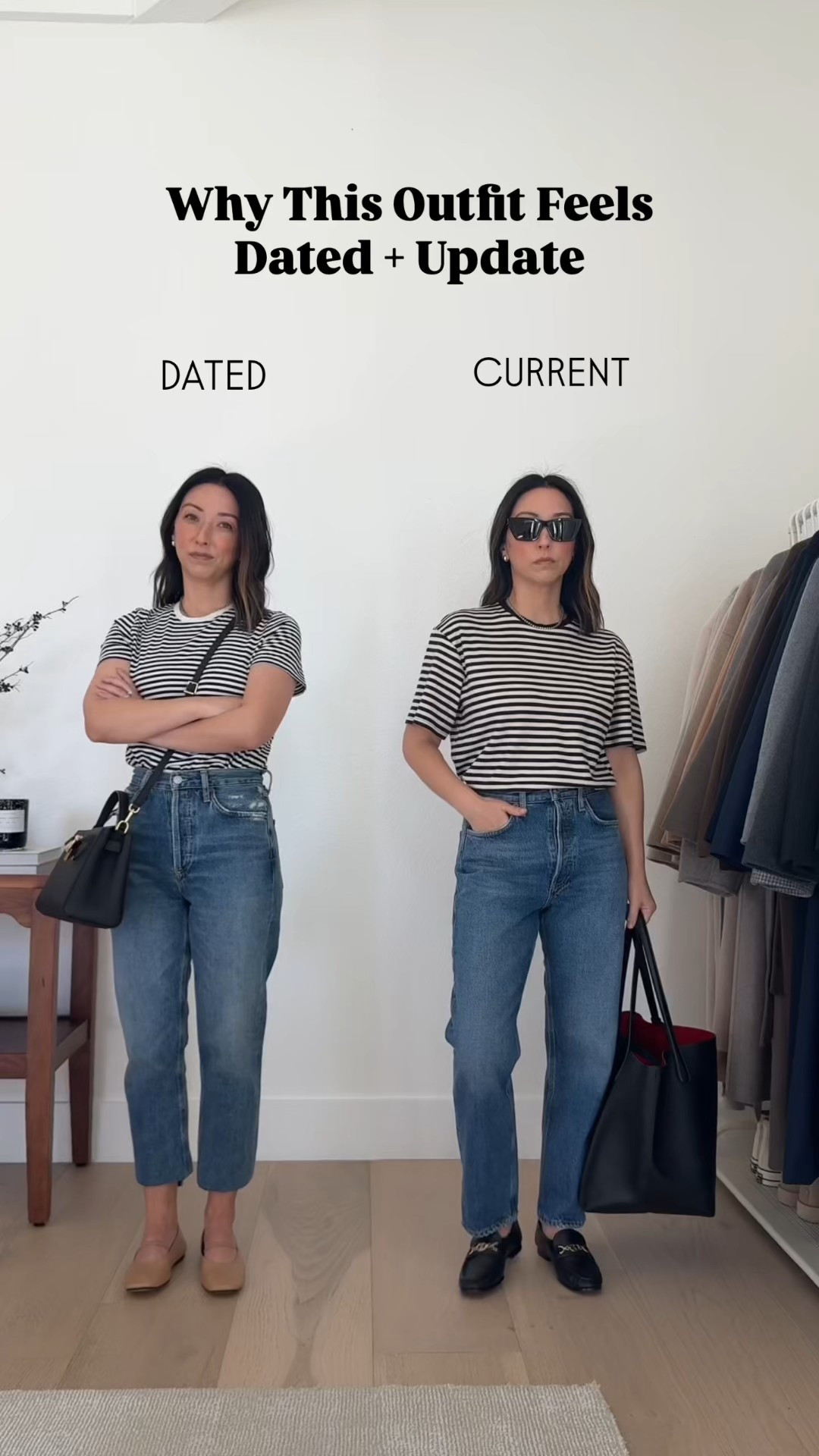 Update your straight leg jean outfits - avoid overly cropped, tight everything outfits. Instead reach for longer length denim, a structured tee and accessories that compliment the proportions. 

Theory stripe tee xs - old, linked similar
AGOLDE 90's mid rise jeans 24 - size down
Sam Edelman loafers 5
Mansur Gavriel tote
YSL sunglasses

Added
Sam Edelman red loafers 5 - old
Everlane ballet flats 5
Parisa Wang bag - can't be linked here
Calvin Klein belt - old. 

#LTKPetite