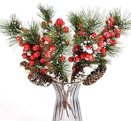 YSBER 8 Pieces -15 Inch Artificial Berries Branch Plastic Fake Flowers –Snow Flocked Red Holly ... | Amazon (US)