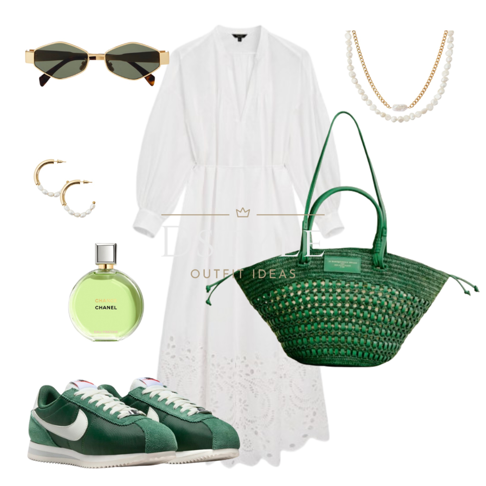 White dress with embroidered detail, green Nike Cortez, green leather raffia bag. Spring style, summer ootd, trending now, kicks addict, sneakers obsessed, trainers enthusiast, green straw basket bag

#LTKstyletip #LTKitbag #LTKshoecrush