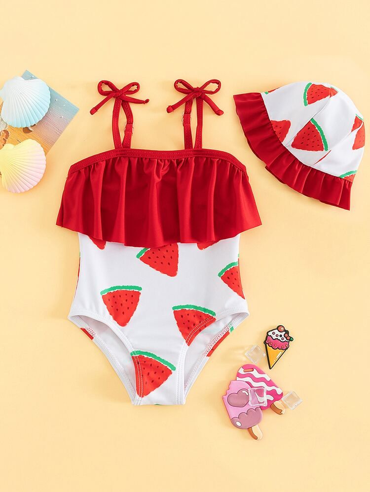 Baby Watermelon Print Ruffle Trim Swimsuit & Hat | SHEIN