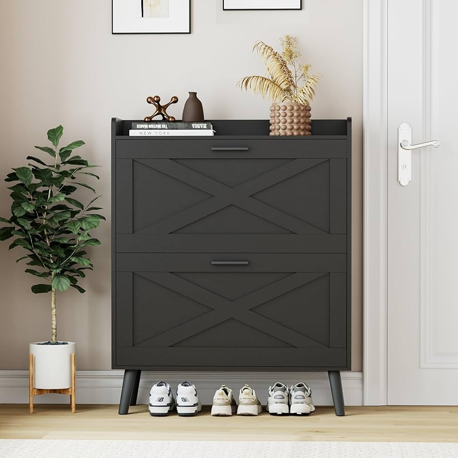 32" W Farmhouse Shoe Storage Cabinet with 2 Flip Drawers and Barn Door Design, Adjustable Shelves... | Amazon (US)
