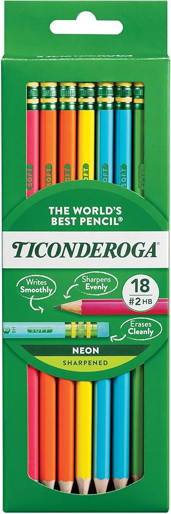 Ticonderoga Wood-Cased Pencils, Pre-Sharpened, 2 HB Soft, Neon Colors, 18 Count | Amazon (US)