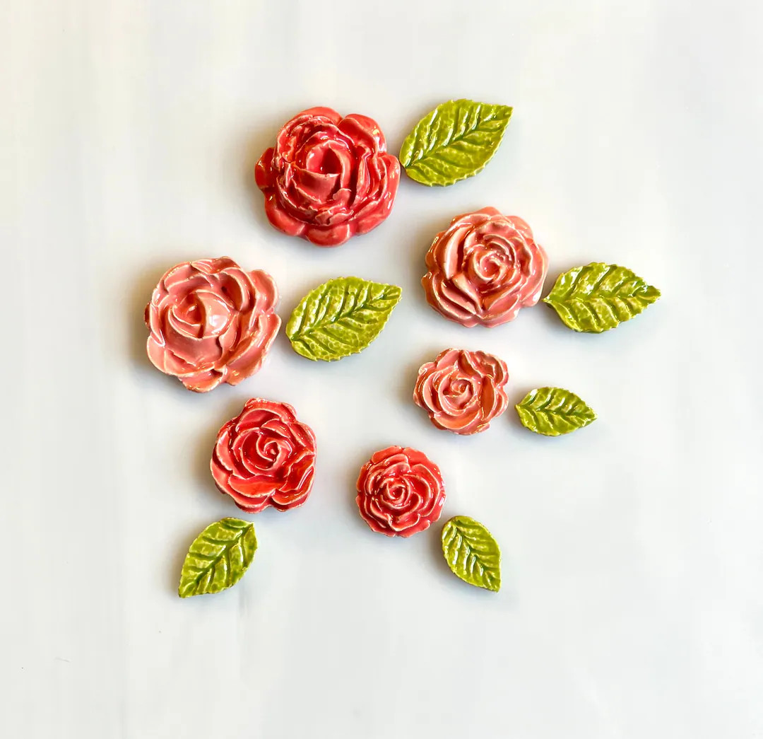 Ceramic Flower Tiles, 12pcs, Roses and Leaves, Variety of Styles and Sizes, Two Shades of Pink/co... | Etsy (US)