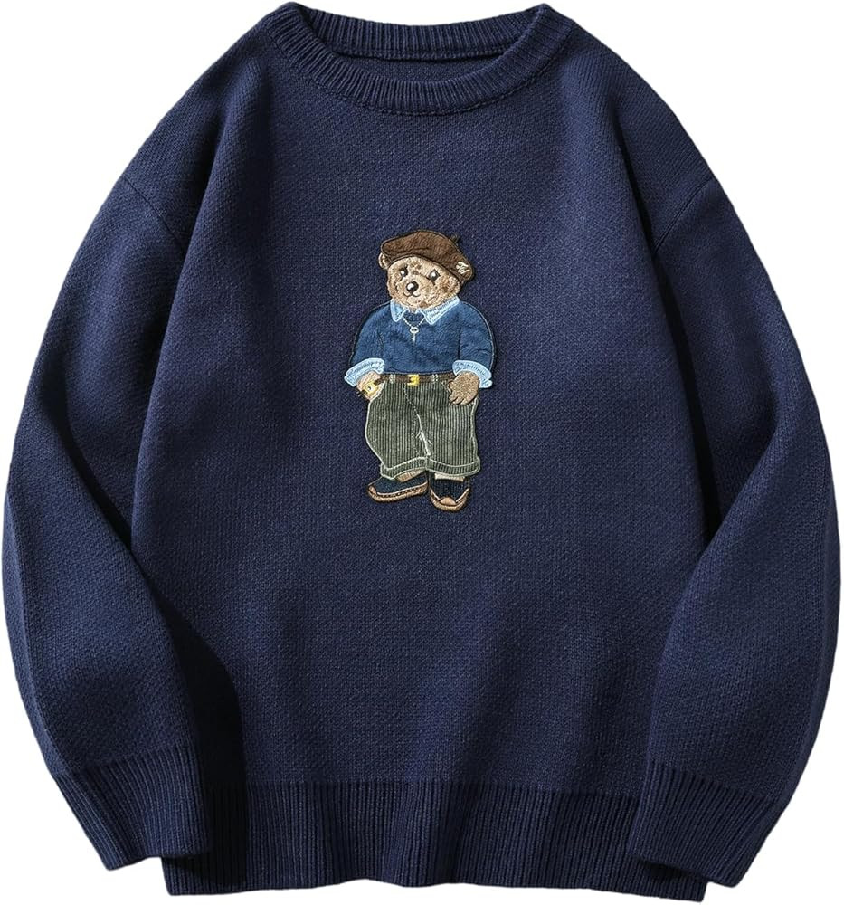 SHENHE Men's Oversized Crew Neck Cute Bear Sweater Vintage Unisex Preppy Graphic Sweater Jumper | Amazon (US)