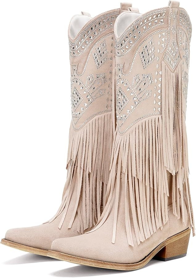 UTIKLIOU Cowboy Boots for Women Knee High Cowgirl Western Fringe Boots Rhinestone Chunky Heel Poi... | Amazon (US)