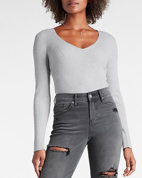 Ribbed Fitted V-Neck Sweater | Express