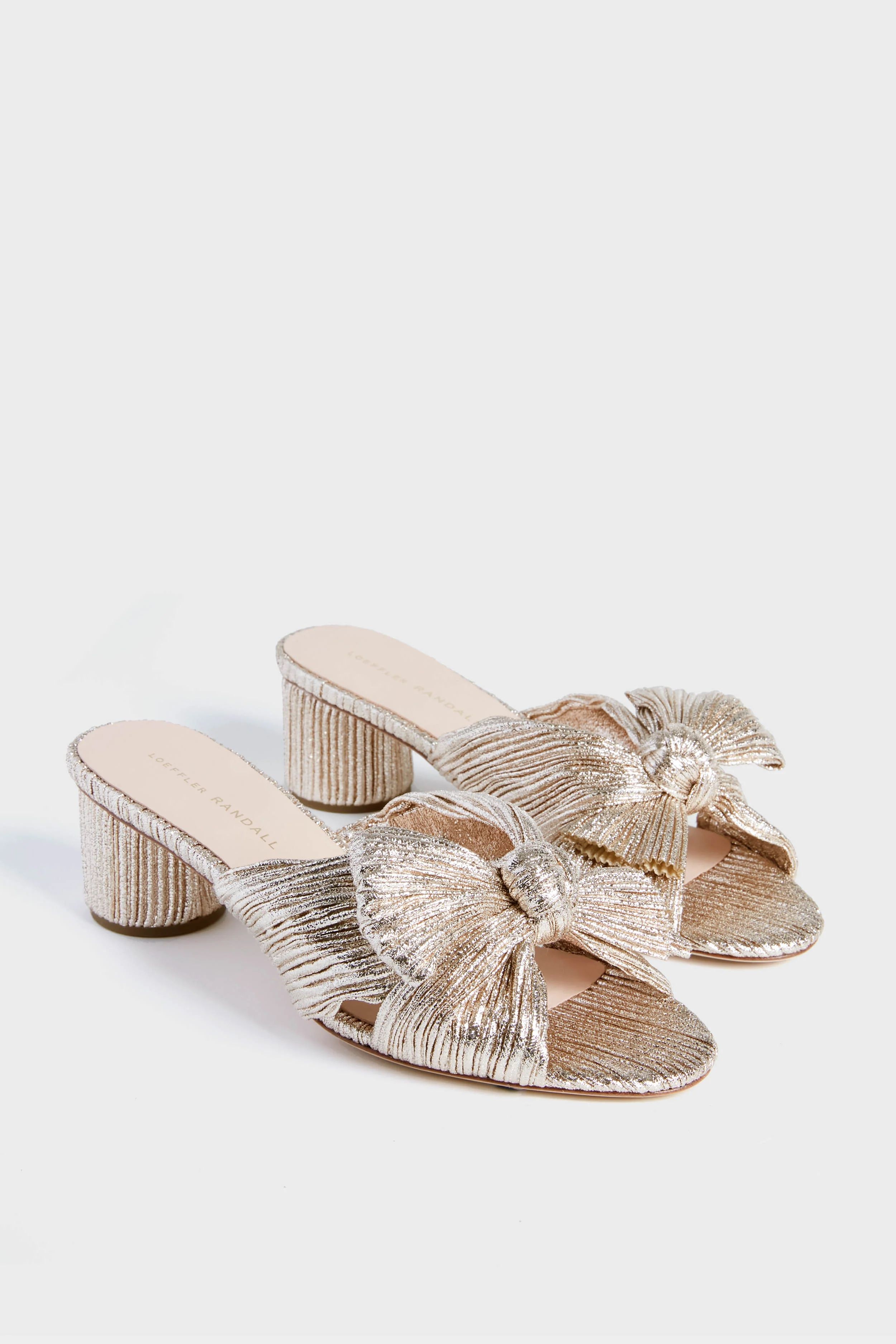 Champagne Shimmer Lame Emilia Pleated Knot Mules | Tuckernuck (US)