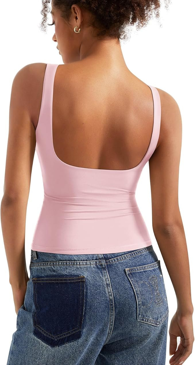 SUUKSESS Women Padded Open Back Boat Neck Tank Tops Double Lined Basic Shirts | Amazon (US)