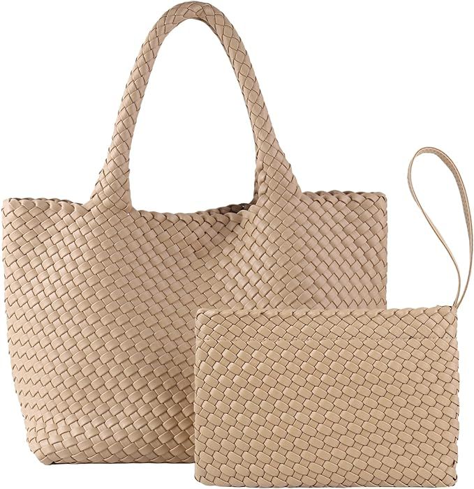 Woven Tote Bag for Women with Small Handmade Purse, Luxury Braided Top-Handle Handbag, Vegan Leat... | Amazon (US)