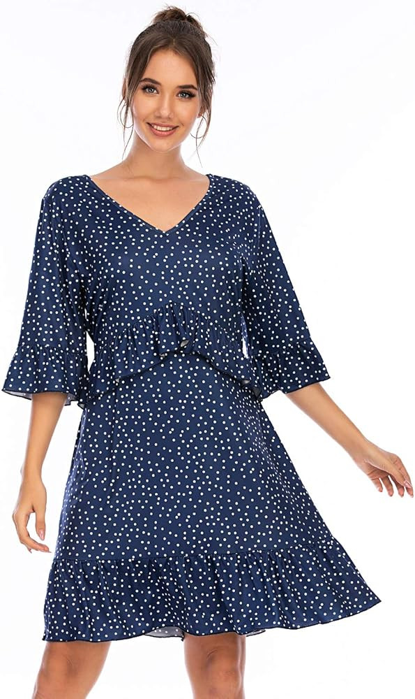 MXINSJ Women's V Neck Ruffle Dress Cute Polka Dot Boho Dresses Loose Swing Casual Tunic Fall Dres... | Amazon (US)