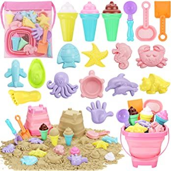 REZUCREY Beach Toys, Ice Cream Sand Toys for Toddlers, Collapsible Sand Bucket and Shovels Kids B... | Amazon (US)