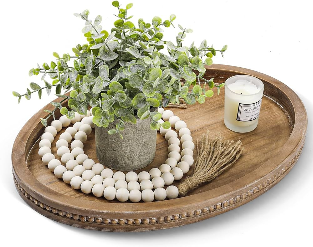 Oval Tray for Coffee Table - 16×11.8in Decorative Trays for Home Decor/w 58in Wood Bead Garland,... | Amazon (US)