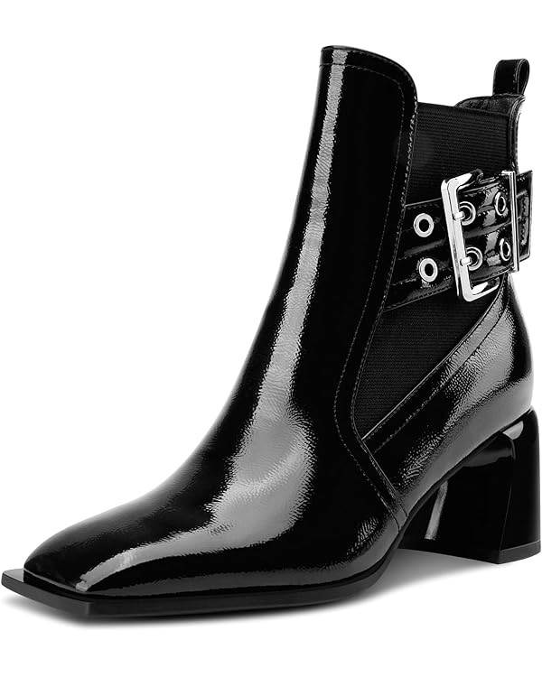 NobleOnly Womens Mid Chunky Block Slip-on Buckle Ankle Boots Short Bootie Close Square Toe Dress ... | Amazon (US)