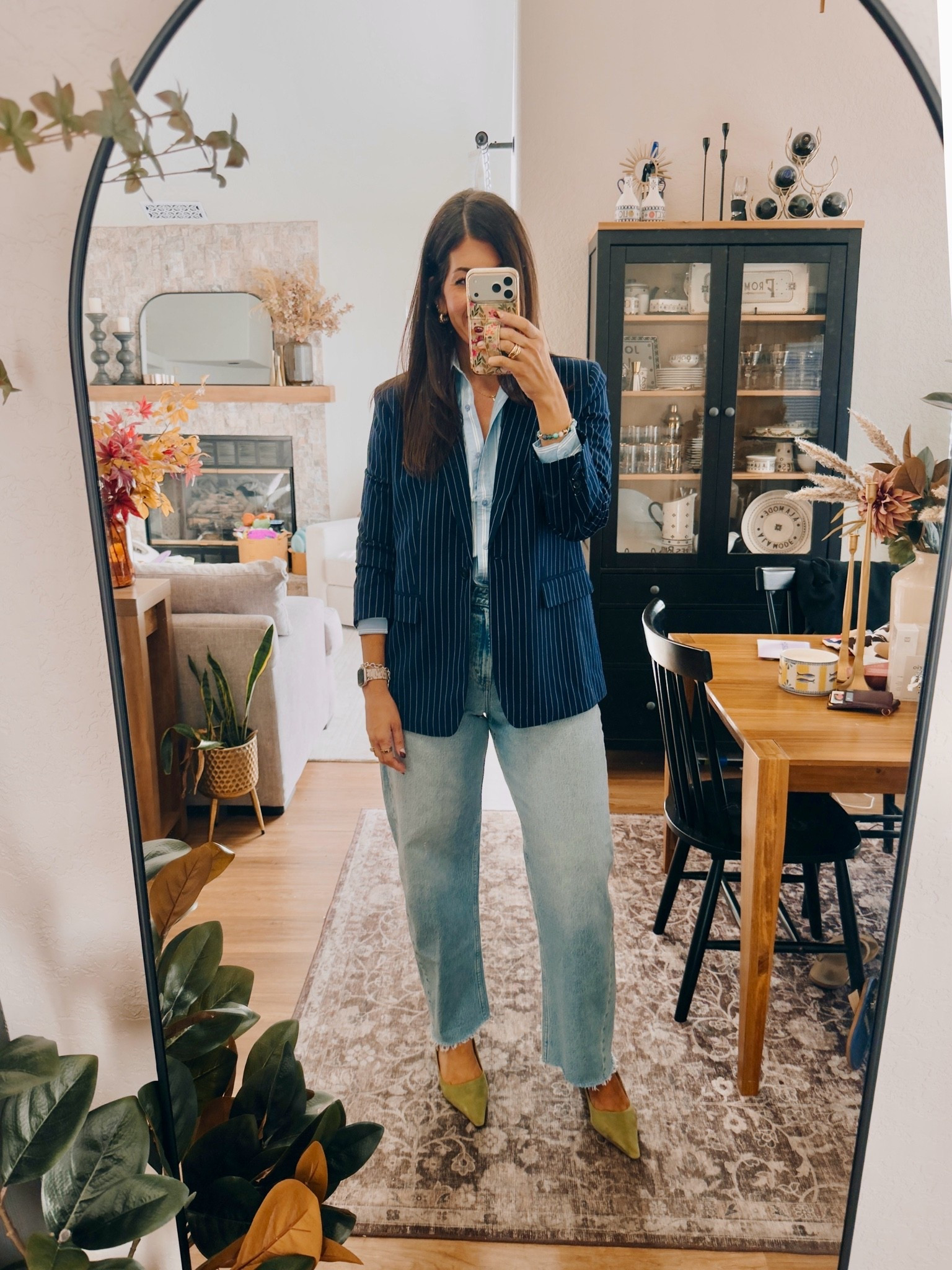 Casual Friday 
Medium striped shirt
6 blazer
29 curvy long jeans

#LTKMidsize #LTKTall #LTKWorkwear