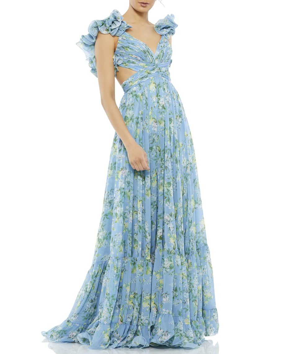 Mac Duggal Floral Chiffon Ruffle-Strap Gown | Neiman Marcus