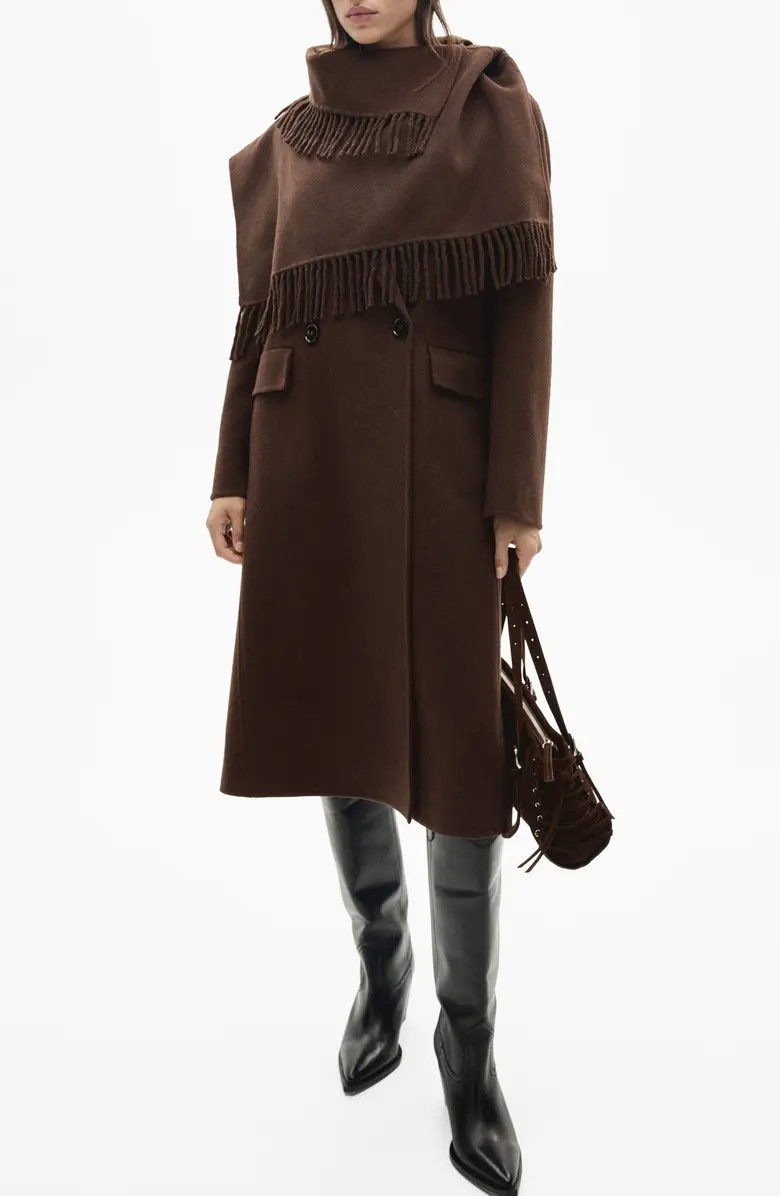 MANGO Wool Blend Coat with Fringed Scarf | Nordstrom | Nordstrom