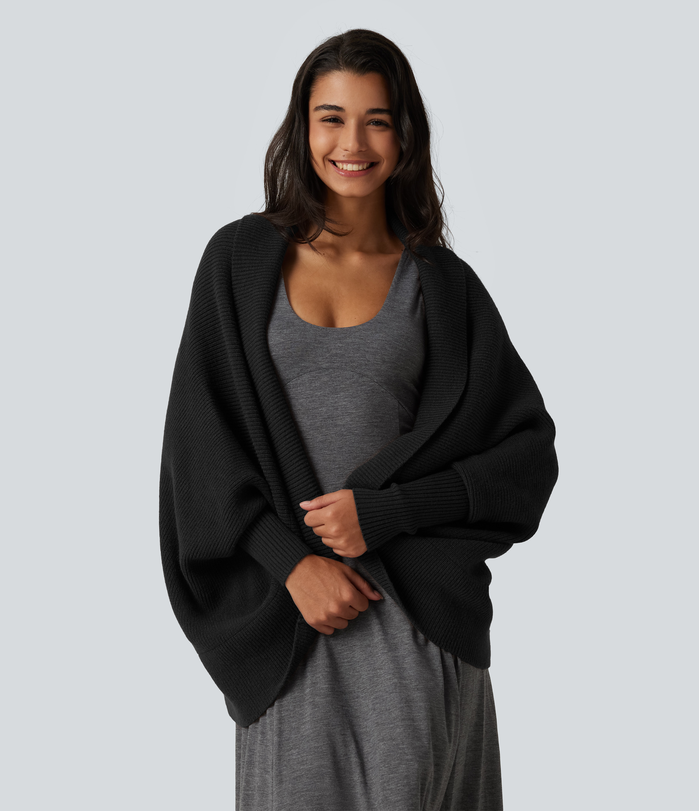 Halara Open Front Dropped Batwing Long Sleeve Casual Cardigan  - Black - XL | HALARA