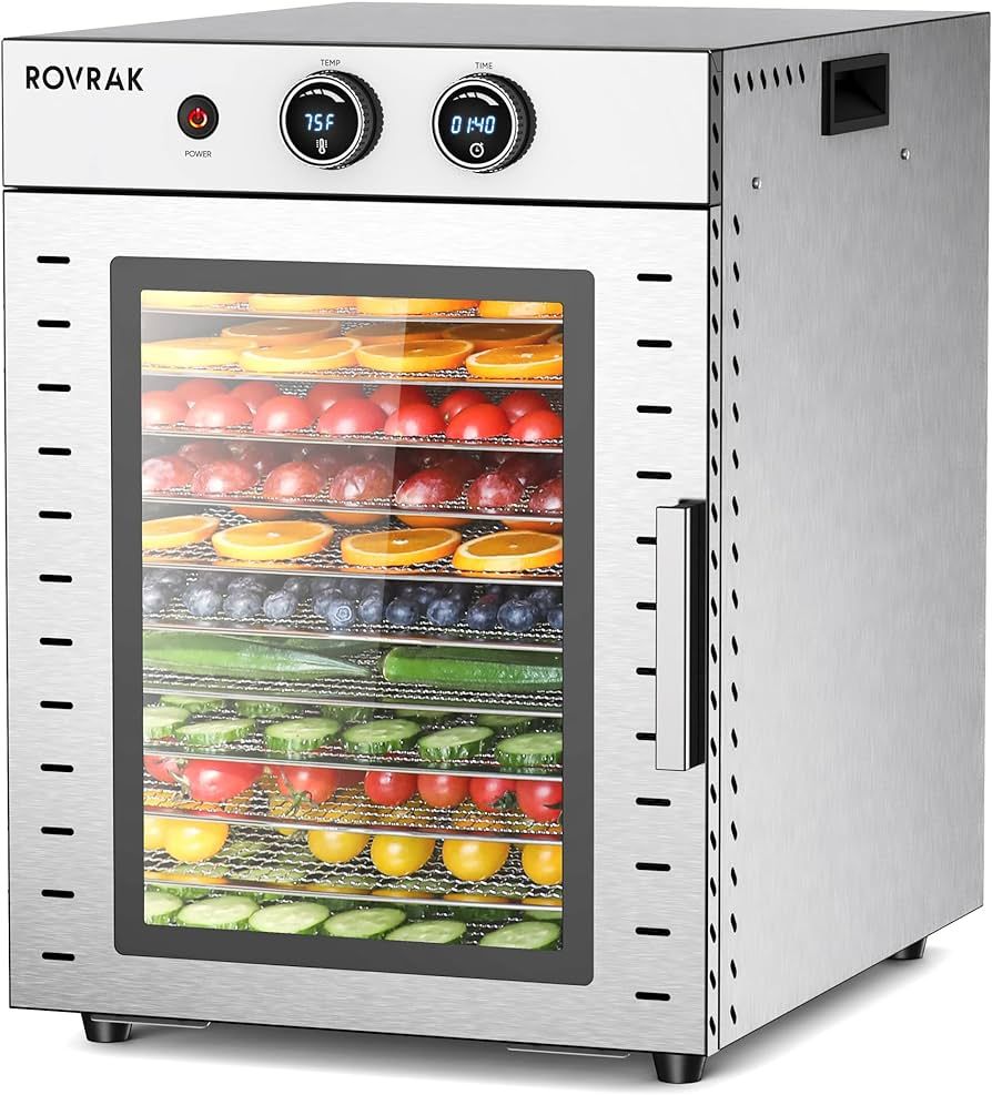 ROVRAk Food Dehydrator for Jerky, Fruit, Meat, Herbs, 12-Tray Stainless Steel Dehydrator Machine, Double-Layer Insulation, Adjustable Timer, Temperature Control, Overheat Protection (67 Recipes) | Amazon (US)
