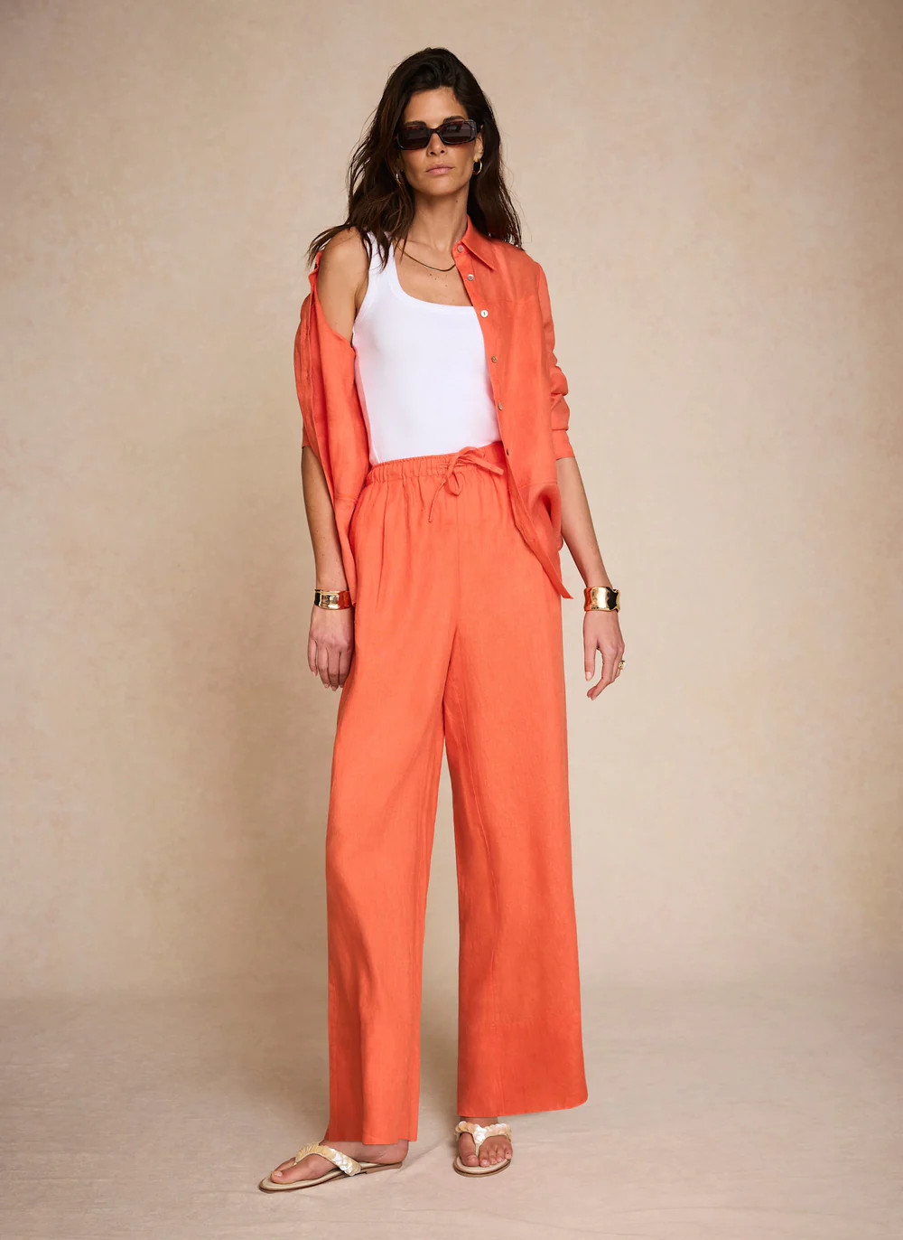 Orange Linen Drawstring Wide Leg Trousers | Mint Velvet