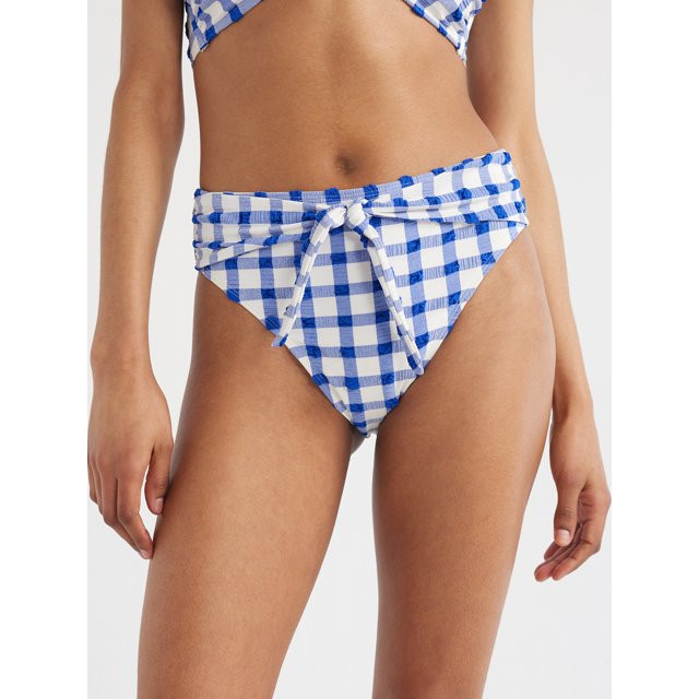 No Boundaries Juniors High Waist Swim Bottoms, Blue Plaid, Sizes S-XL | Walmart (US)