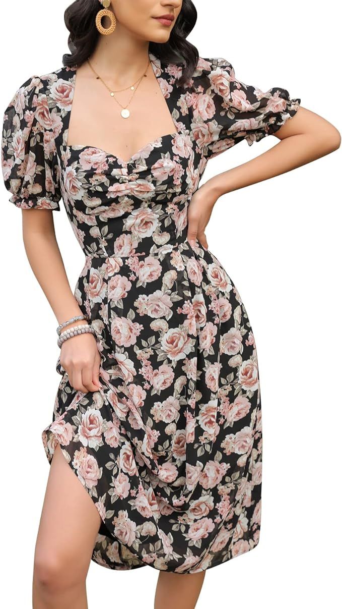 EXLURA Women’s Floral V Neck Dress Puff Short Sleeve High Waist A-Line Backless Tie Back Vintag... | Amazon (US)