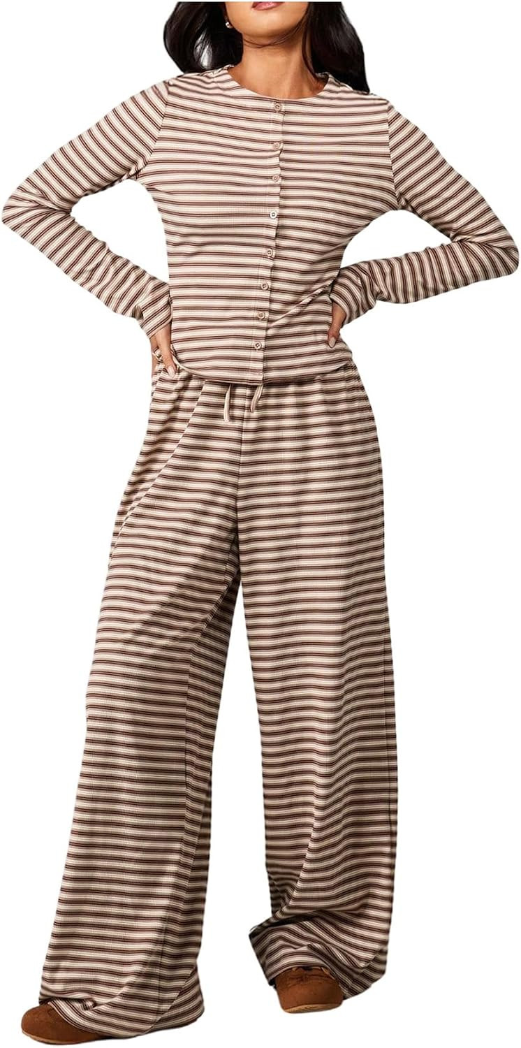 WDIRARA Women's Striped 2 Piece Pants Outfits Long Sleeve Top Lounge Sets | Amazon (US)