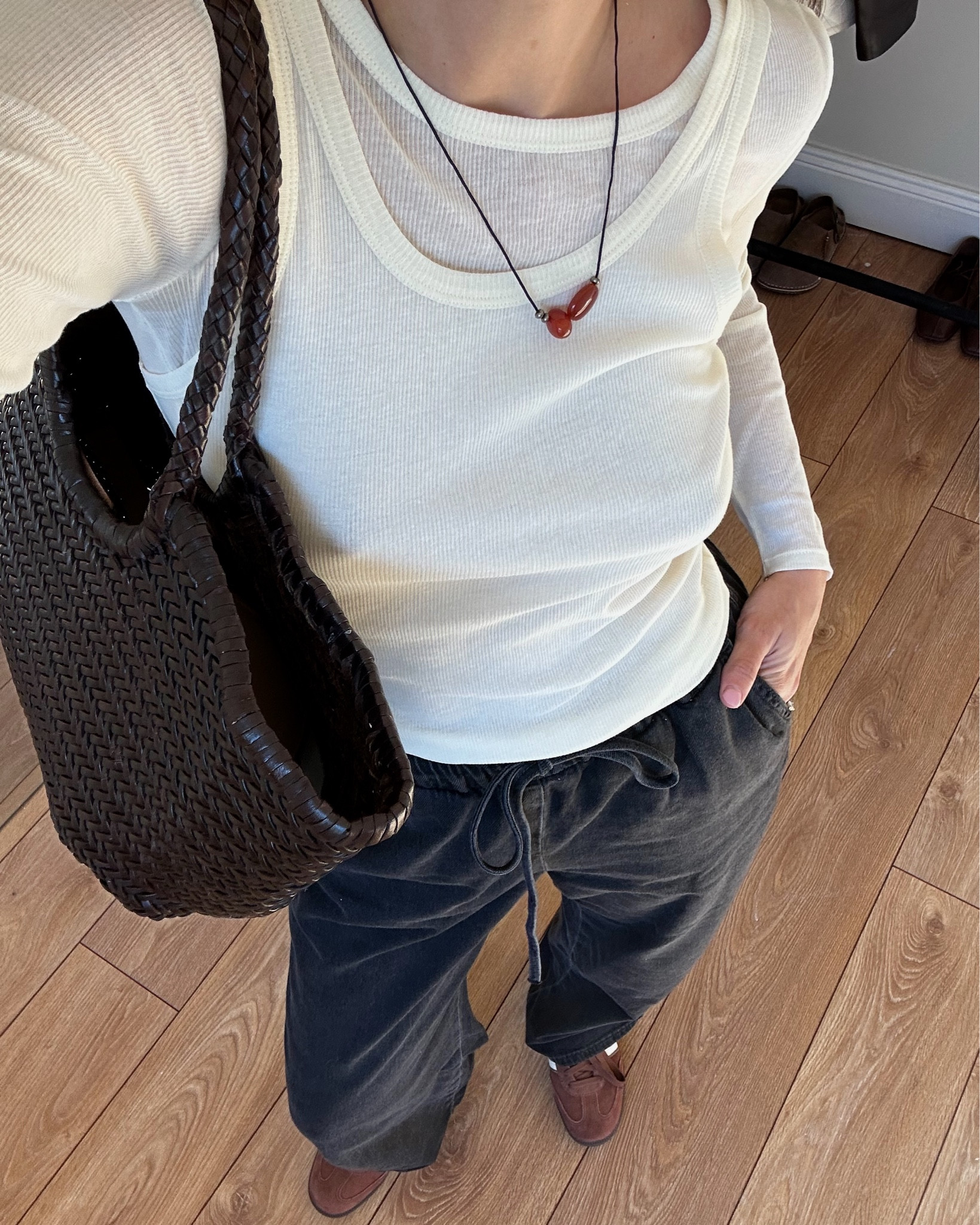 Wardrobe staples, every day style inspo, basic whites, baggy trousers, adidas sambas, dragon diffusion, basket weave bag, beaded necklace, capsule wardrobe essentials

#LTKstyletip #LTKeurope