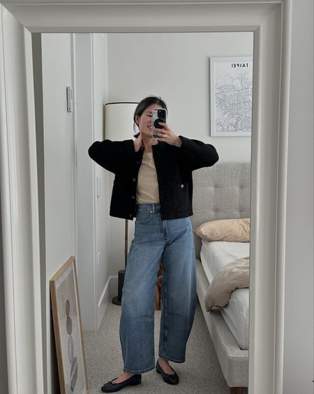Jacket: Sezane. Tts 
Tank: Gap. I sized up to S
Jeans: Everlane Curve jeans. Need to size up one size 

