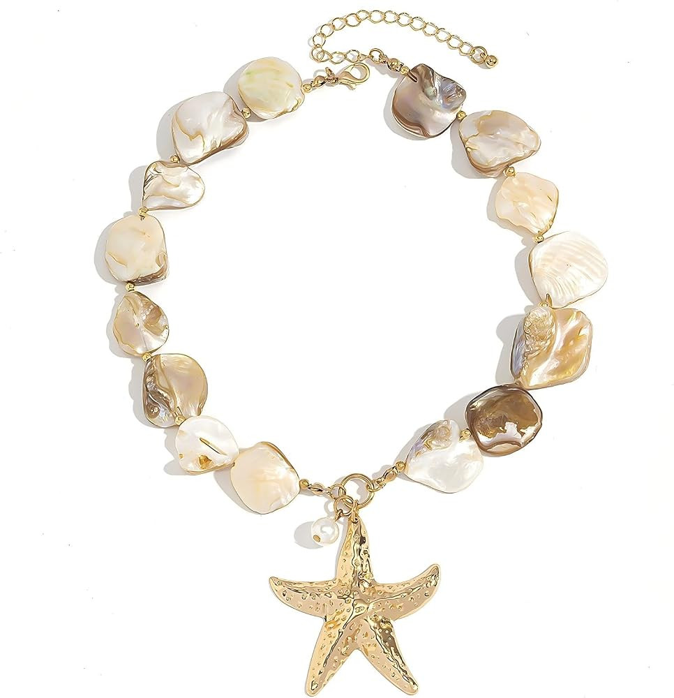 Seashell Starfish Pendent Necklace Cowrie Pearl Beachy Necklaces for Women Mermaid Chunky Sea Shell Necklace Summer Beach Jewelry for Women | Amazon (US)