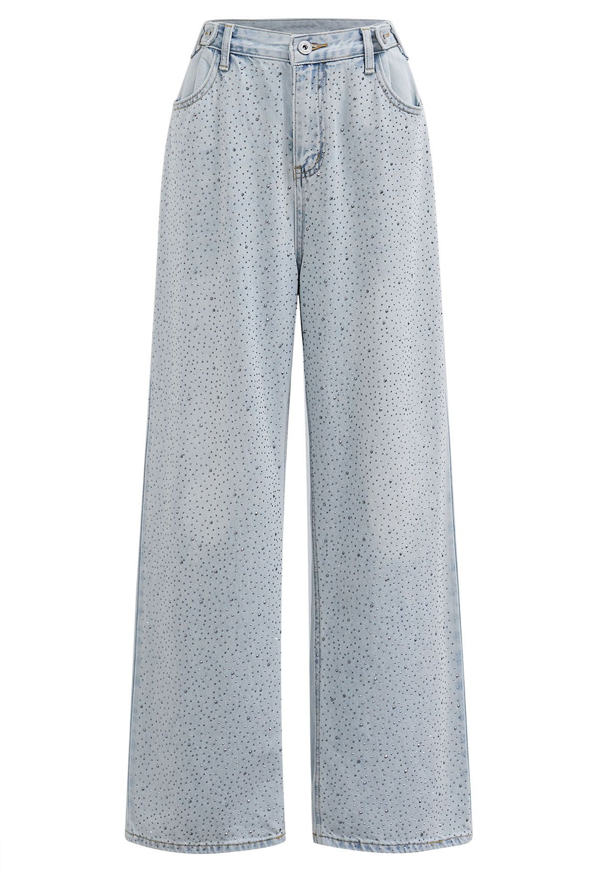 Full Rhinestone Straight-Leg Jeans in Light Blue | Chicwish