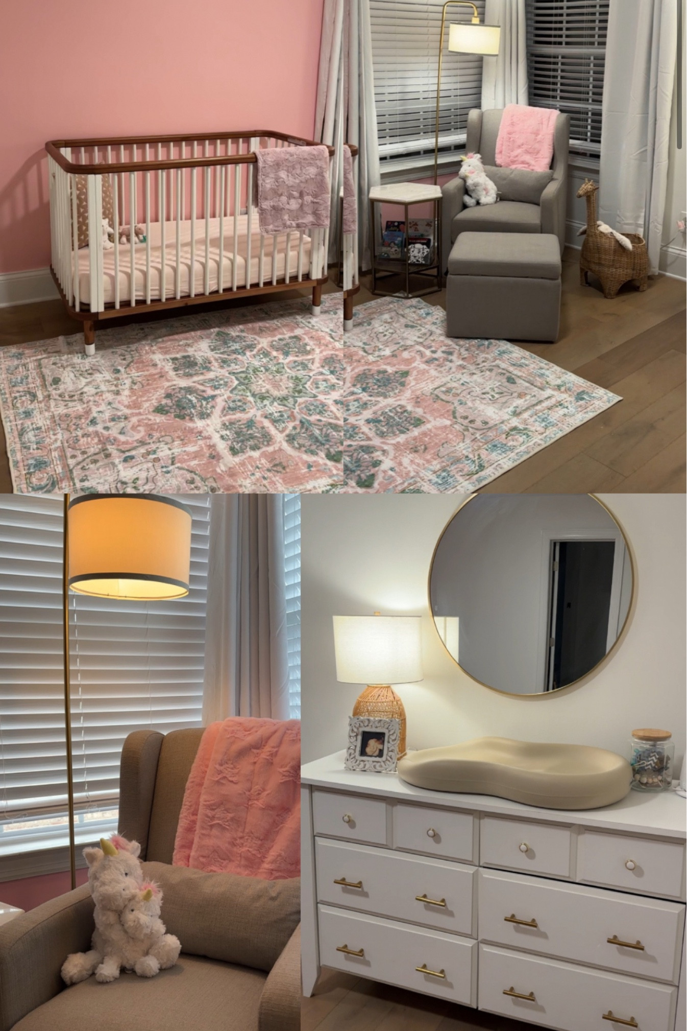 Baby girl nursery
Pink and green rug
Crib
White and wood crib
Neutral 
Pink 
White dresser
Glider chair
Blackout curtains
Amazon home 
Affordable 