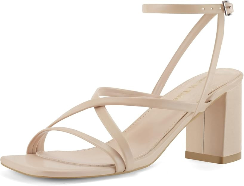 Shoe'N Tale Strappy Heels for Women Block Chunky Heels Open Square Toe Ankle Strap Buckle Sandals | Amazon (US)