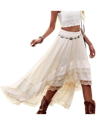 Yimoon Womens Western Boho Maxi Skirt Asymmetrical Lace Ruffle Long Skirt Flowy Country Cowgirl Skirts(Apricot-M) | Amazon (US)