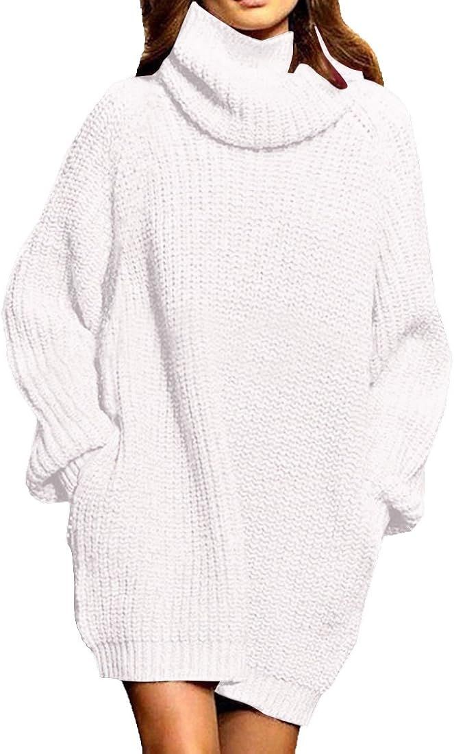 Pink Queen Women's Loose Turtleneck Oversize Long Pullover Sweater Dress | Amazon (US)