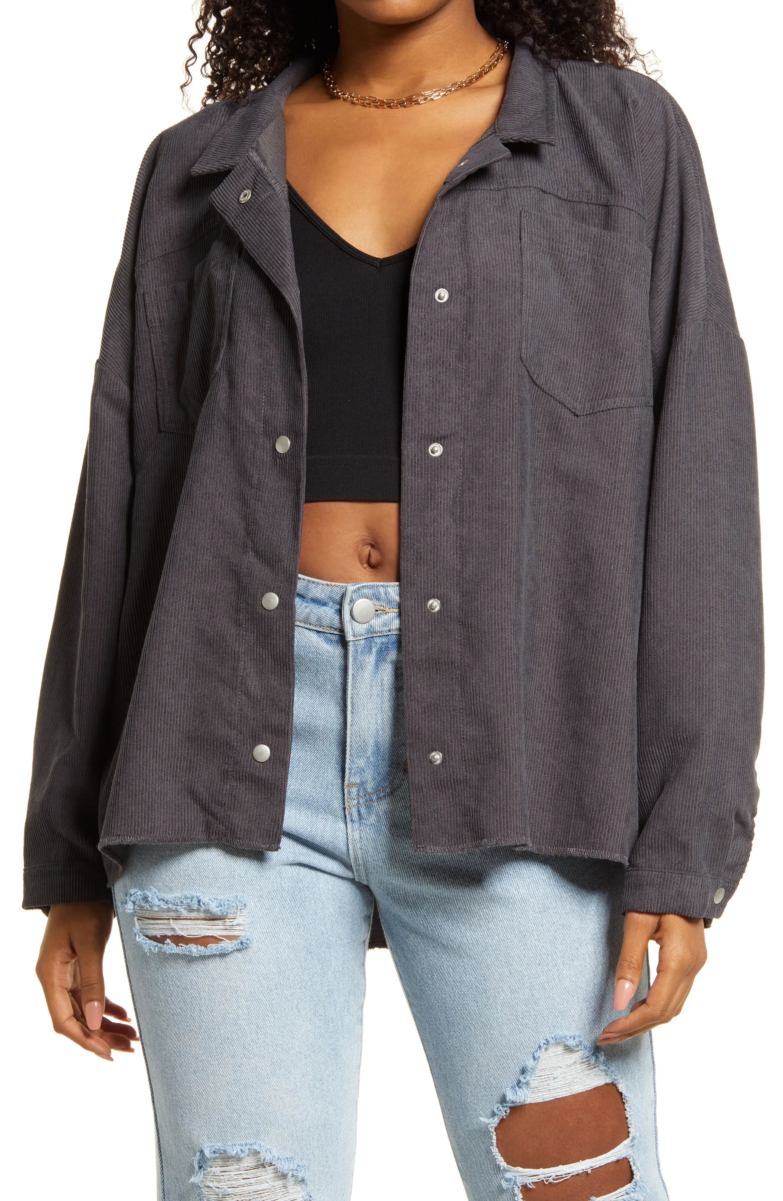 BP. Women's Oversized Corduroy Shirt Jacket, Size Small in Grey Magnet at Nordstrom | Nordstrom
