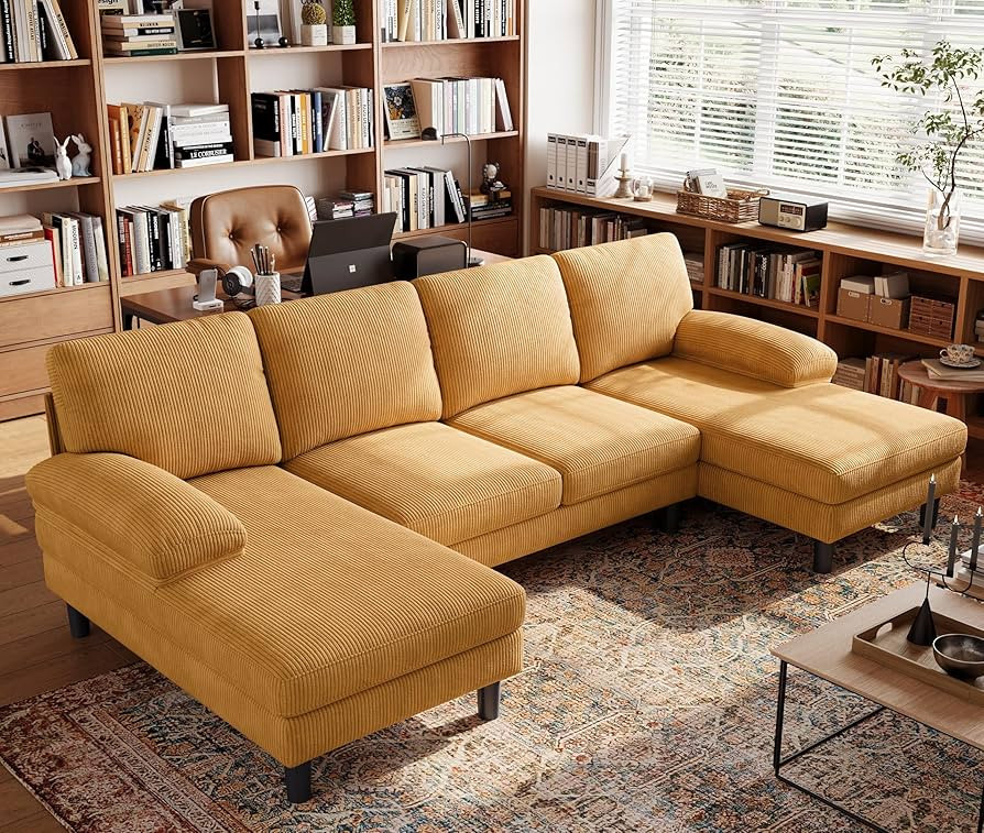 LINSY HOME U Sectional Couch, 111'' W Corduroy Sofa with Sleepable Armrests, 4 Seat Couch with Do... | Amazon (US)