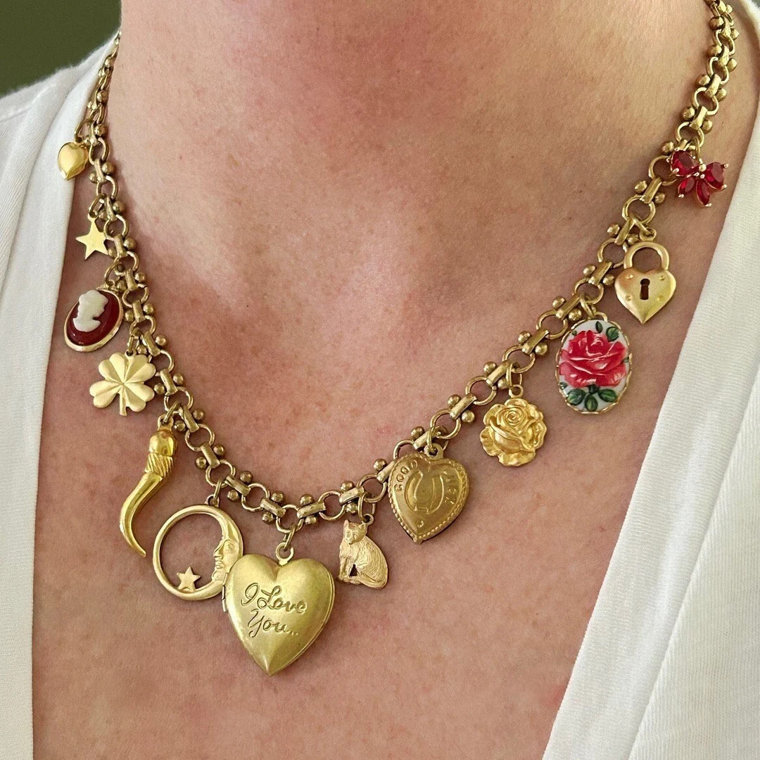 Charm Necklace Vintage Charms Locket Pendant Necklace Cameo Brass French Love Charms Necklaces Fo... | Etsy (US)