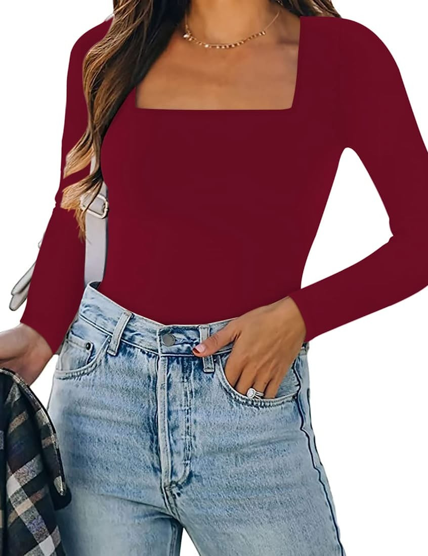 Saungkuai Women's Square Neck Notch V Neck Short Sleeve Thong Bodysuit Tops | Amazon (US)