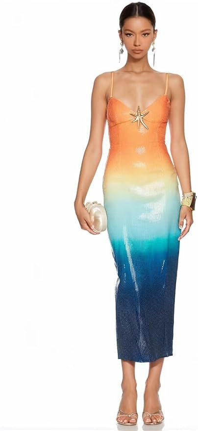 Women's Gradient Colors Prom Dresses Spaghetti Straps Star Fish V Neck Bodycon Beach Cocktail Dre... | Amazon (US)