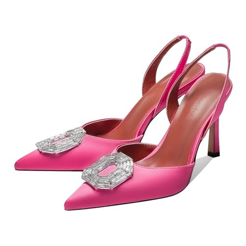 Vertundy Women's Rhinestone Slingback Pumps Pointed Toe Satin Crystal Stiletto High Heels Sandals Party Wedding Bride Pump Dress Shoes Hot Neon Pink | Amazon (US)