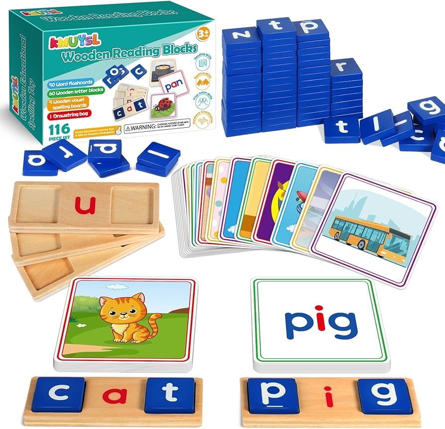 Wooden CVC Reading Spelling Game for Kids, Sight Words Flash Cards for Preschool Kindergarden Lea... | Amazon (US)