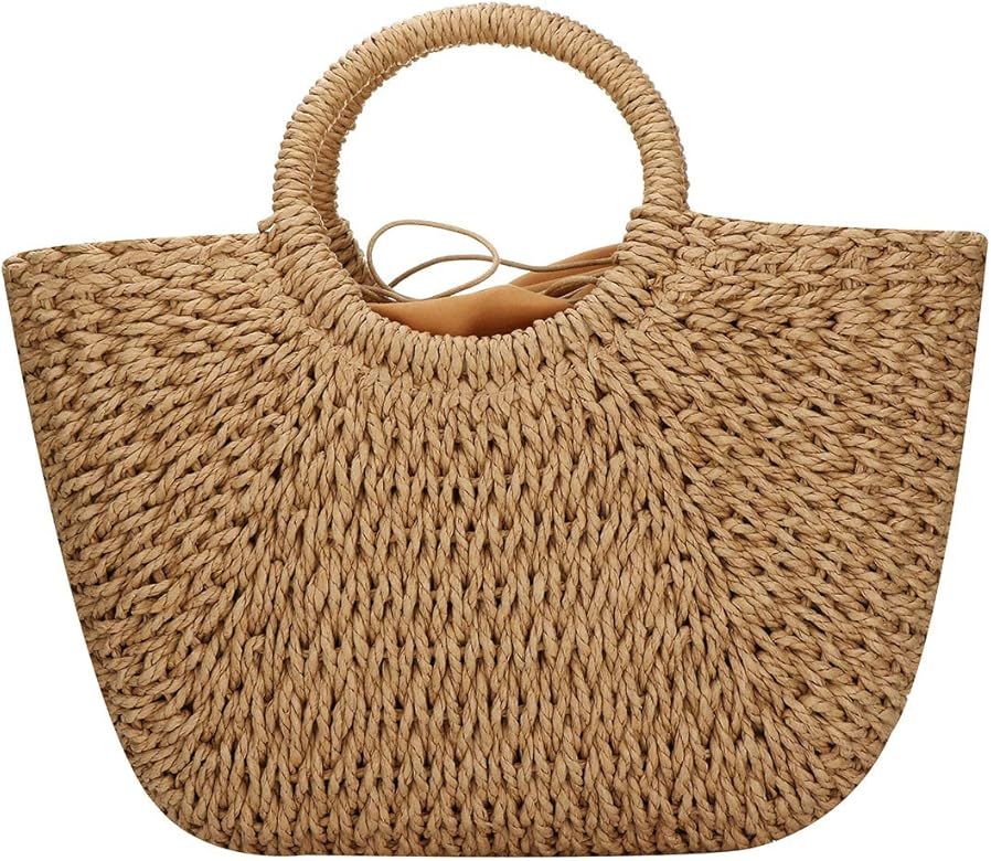 Straw Bag for Women Large Woven Bag Round Handle Ring Tote Retro Purse Hobo Summer Beach Bag | Amazon (CA)