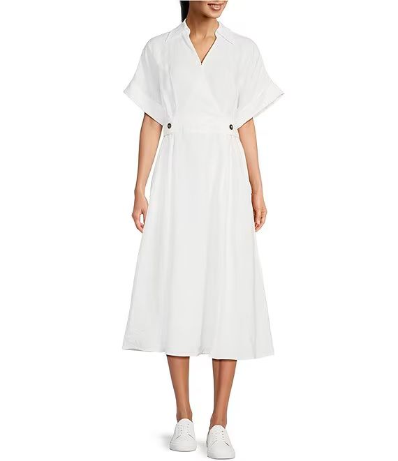 Linen Point Collar Short Sleeve Midi Fit and Flare Dress | Dillard's