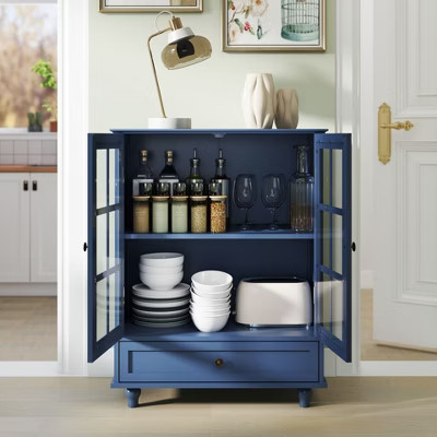 LOVSON Simple vintage blue buffet with modern double glass doors and drawers for living room, dining room and corridor entrances, Blue | Target