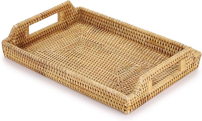 Hipiwe Rattan Serving Tray with Handles - Hand-Woven Decorative Tray for Storage Breakfast, Drink... | Amazon (US)