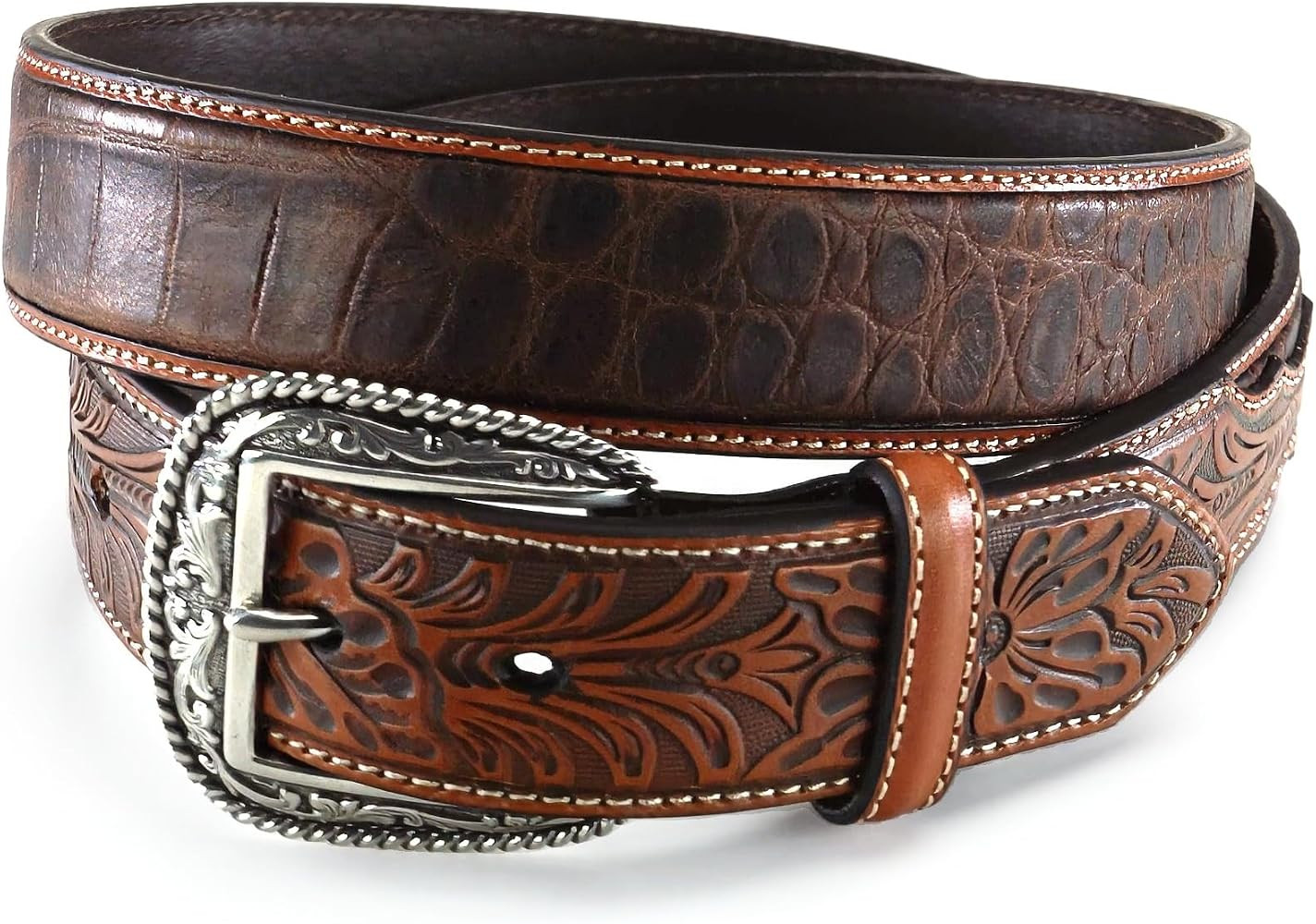 ARIAT Men's Floral Embossed Tab Belt, Faux Crocodile, Removable Silver Buckle, Tan | Amazon (US)
