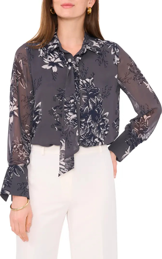 Vince Camuto Sheer Sleeve Tie Neck Button-Up Shirt | Nordstrom | Nordstrom