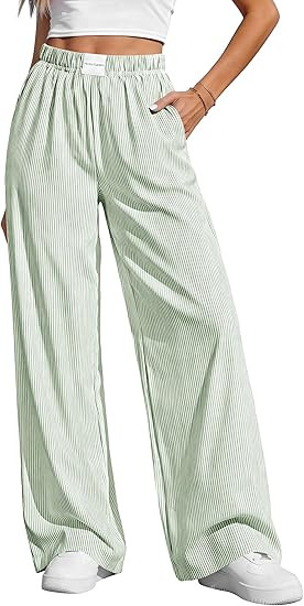 PRETTYGARDEN Womens Wide Leg Striped Pants 2026 Fall Casual High Waisted Baggy Palazzo Lounge Tro... | Amazon (US)
